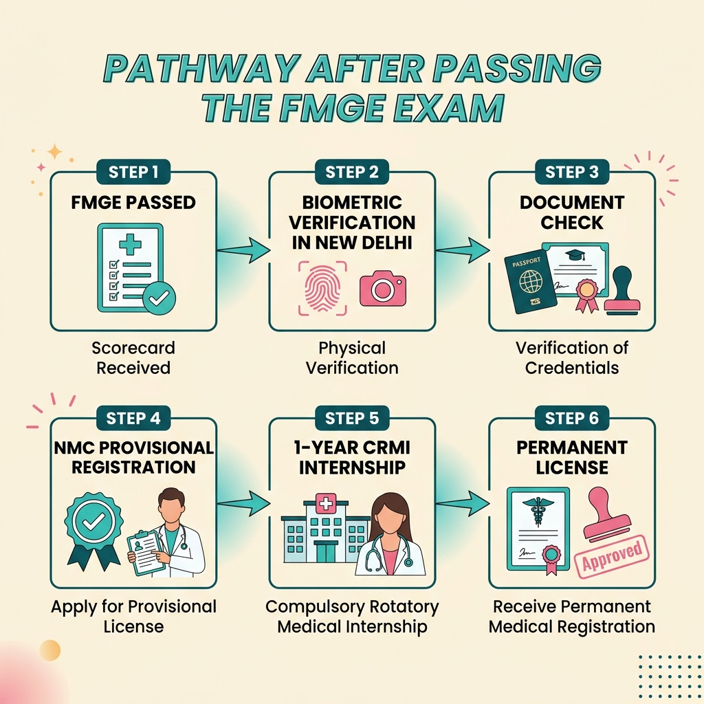 Pathway After Passing the FMGE Exam: step-by-step verification and internship flowchart