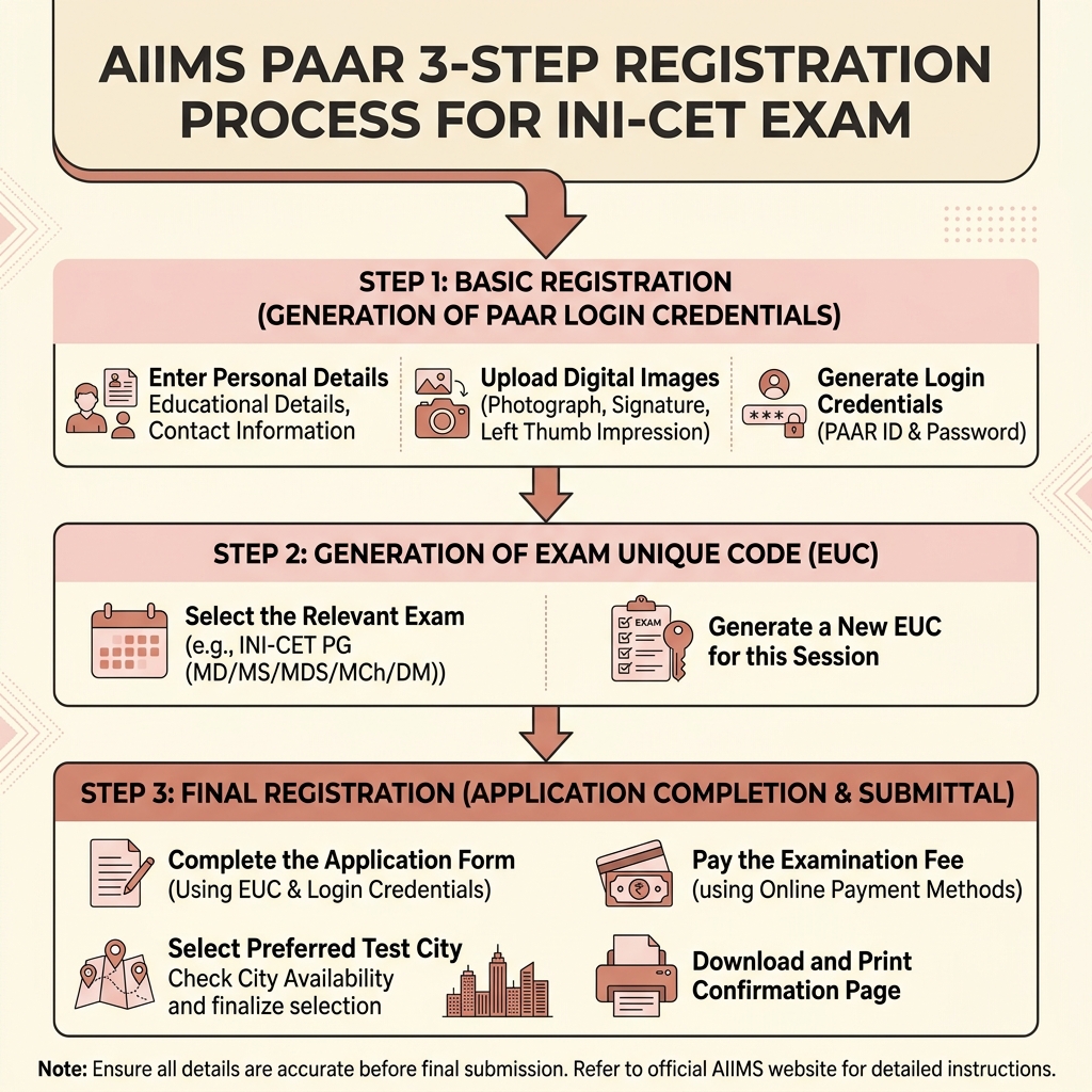 AIIMS PAAR 3-Step Registration Process for INI-CET Exam Infographic