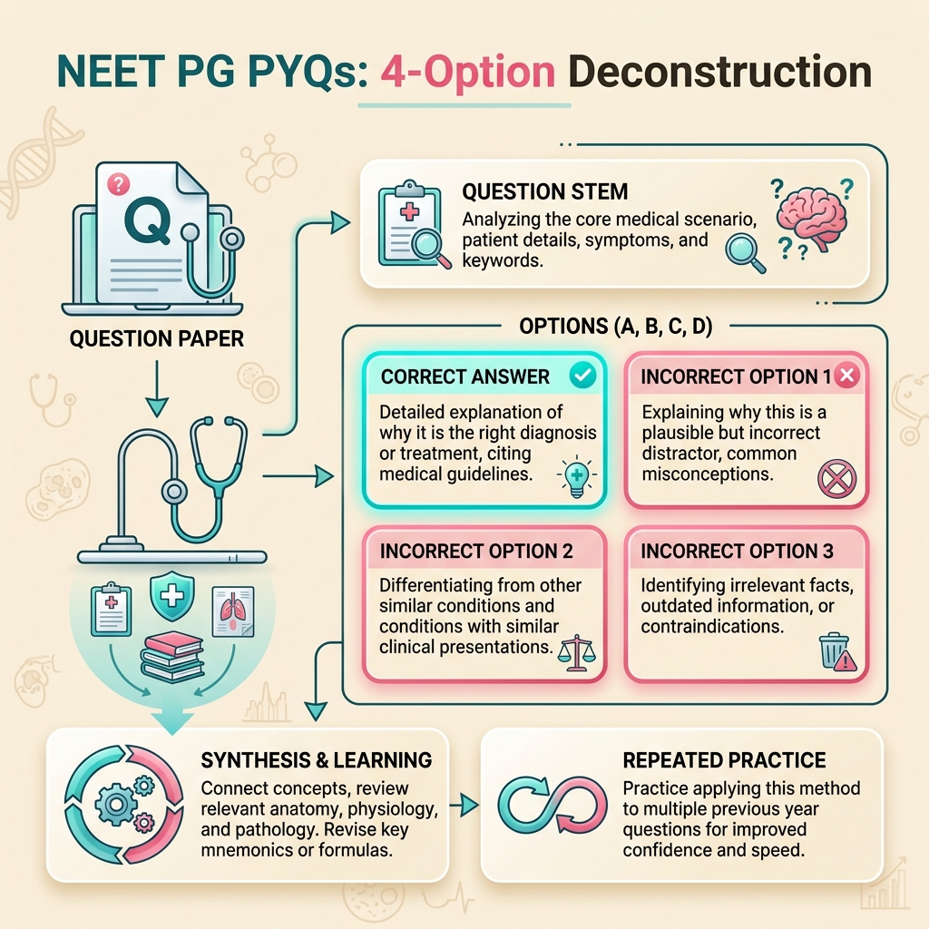 NEET PG PYQs: 4-Option Deconstruction method infographic chart